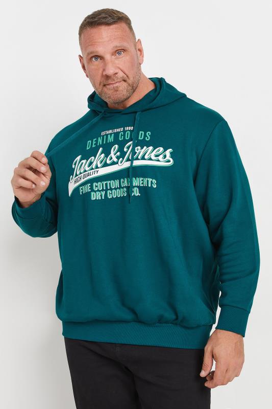 JACK & JONES Big & Tall Teal Blue Printed Logo Hoodie | BadRhino 1