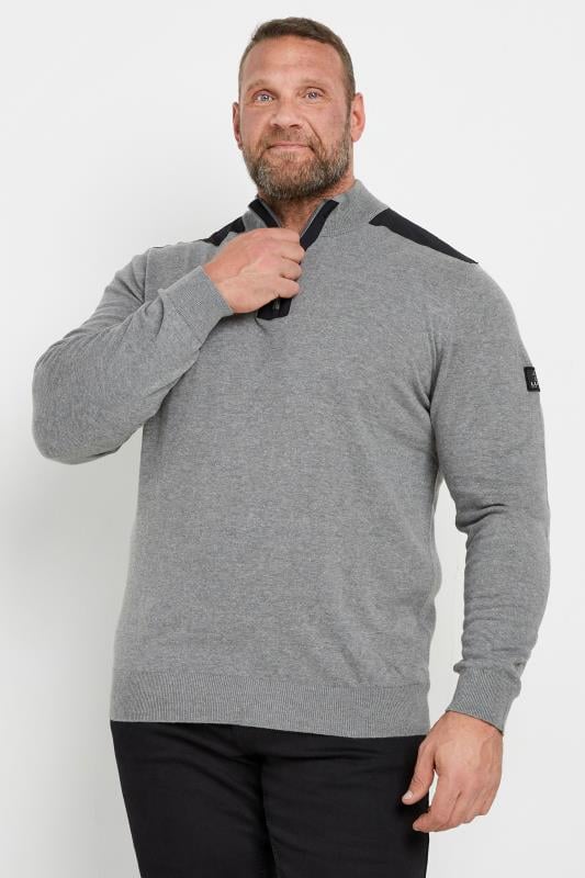 LUKE 1977 Big & Tall Grey Quarter Zip Knit Jumper | BadRhino 1