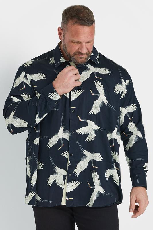 KAM Big & Tall Navy Blue Long Sleeve Bird Print Shirt | BadRhino 1