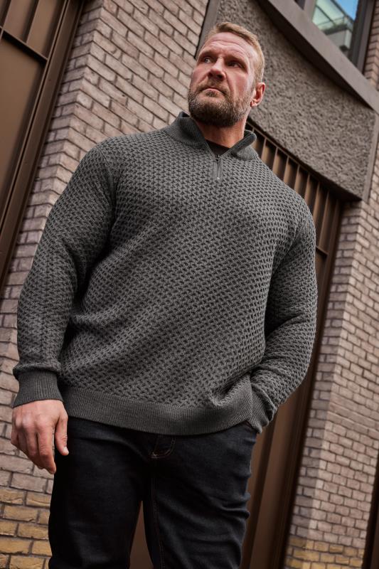 Men's  BadRhino Big & Tall Grey Quarter Zip Knitted Jumper