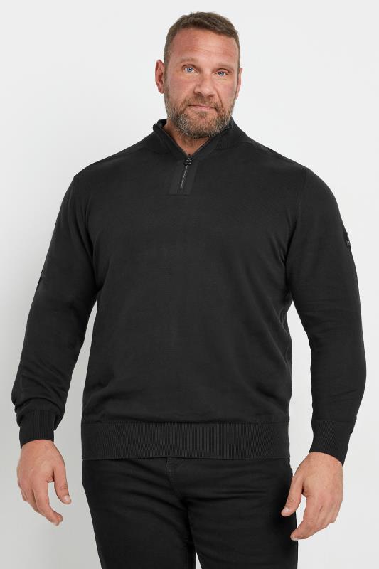 LUKE 1977 Big & Tall Black Quarter Zip Knit Jumper | BadRhino 1