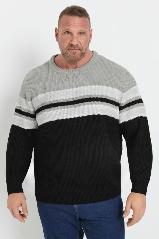 JACK & JONES Big & Tall Grey & Black Stripe Jumper | BadRhino 1