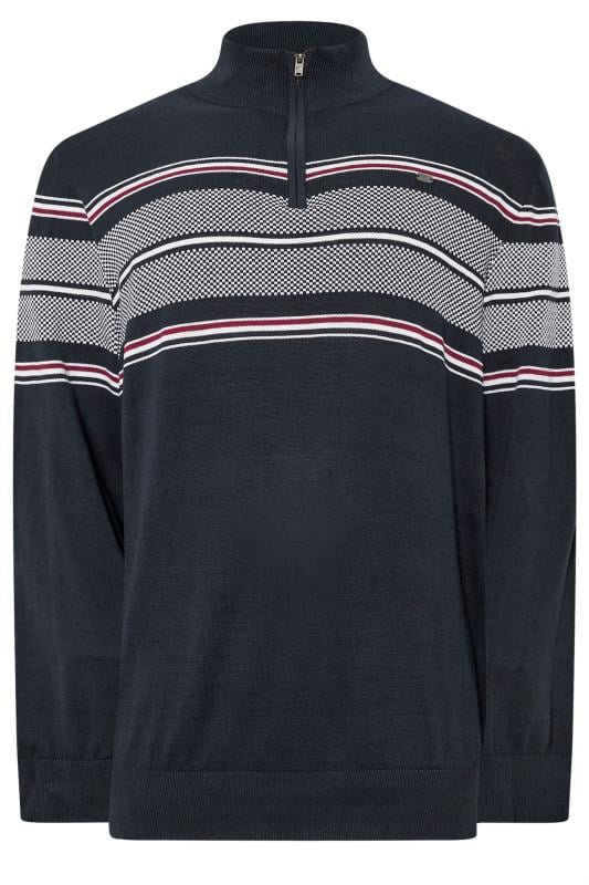 KAM Big & Tall Navy Blue Quarter Zip Stripe Knit Jumper | BadRhino 1