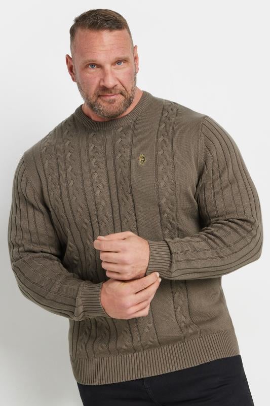 LUKE 1977 Big & Tall Light Brown Cable Knit Jumper | BadRhino 1