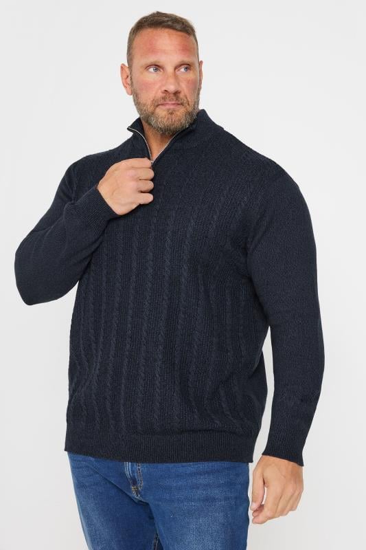 BadRhino Big & Tall Navy Blue Quarter Zip Cable Knit Jumper | BadRhino 2