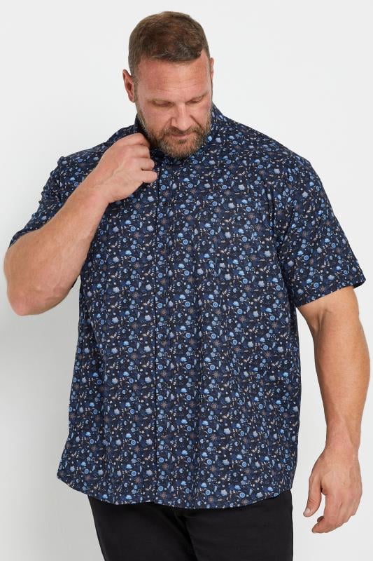 ESPIONAGE Big & Tall Navy Blue Floral Print Stretch Shirt | BadRhino 1