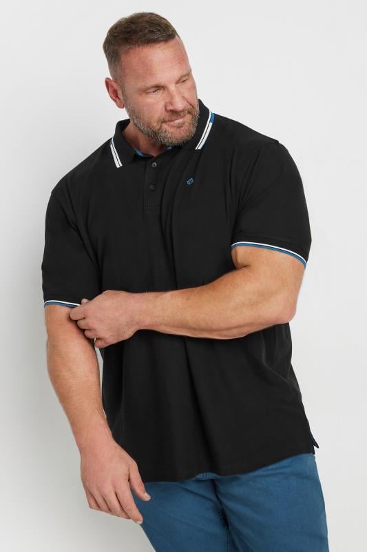 ESPIONAGE Big & Tall Black Contrast Detail Polo Shirt | BadRhino 1