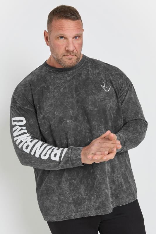 Men's  IronRhino Big & Tall Grey Long Sleeve Acid Wash T-Shirt