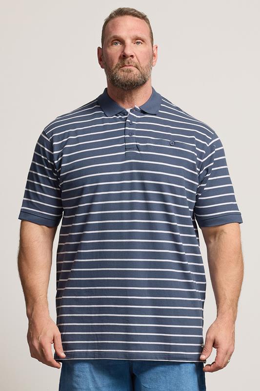 KAM Big & Tall Vintage Indigo Blue Stripe Print Polo Shirt | BadRhino 1
