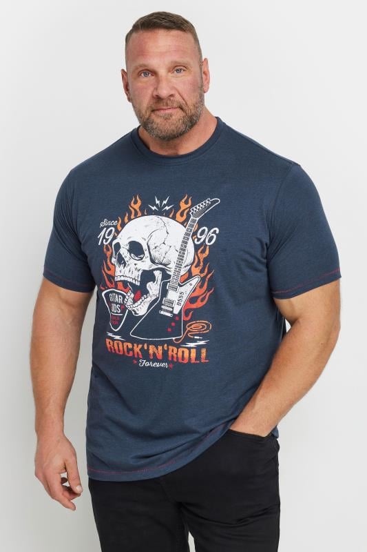 D555 Big & Tall Navy 'Rock 'N' Roll' Skull Graphic Print T-Shirt | BadRhino 1