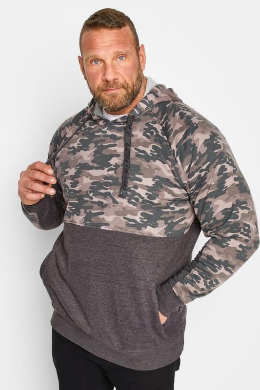 KAM Big Tall Charcoal Grey Camo Colour Block Hoodie BadRhino