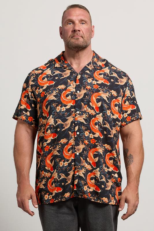  JACK & JONES Big & Tall Brown Fish Print Resort Shirt