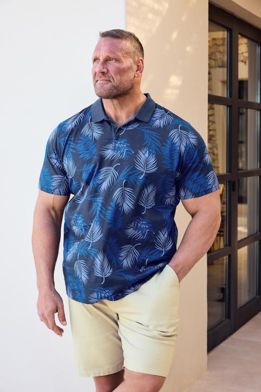 Men's  BadRhino Big & Tall Navy Blue Leaf Print Slub Polo Shirt