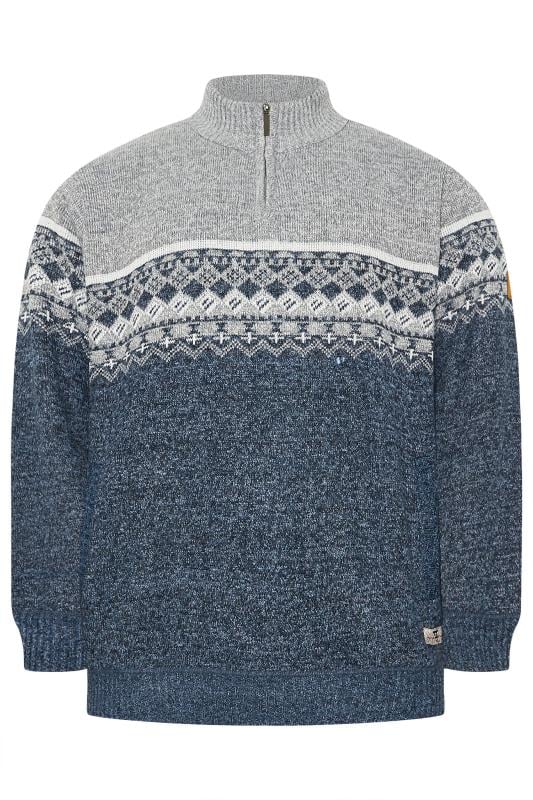 D555 Big & Tall Blue Quarter Zip Fairisle Knit Jumper | BadRhino 3