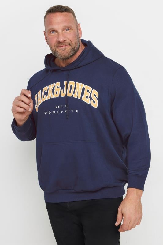 JACK & JONES Big & Tall Navy Blue Varsity Logo Hoodie | BadRhino 1