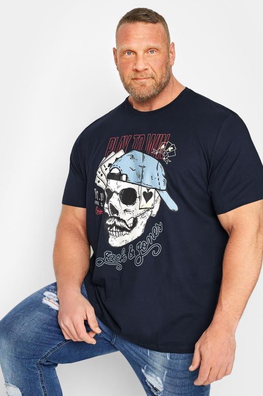 JACK & JONES Big & Tall Navy Blue Skeleton Hat Print T-Shirt | BadRhino 1