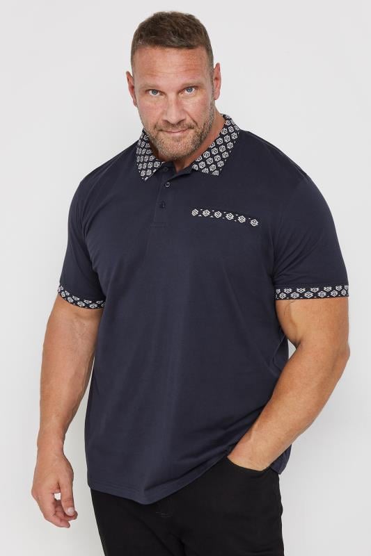 BadRhino Big & Tall Navy Blue Jacquard Collar Polo Shirt | BadRhino 2