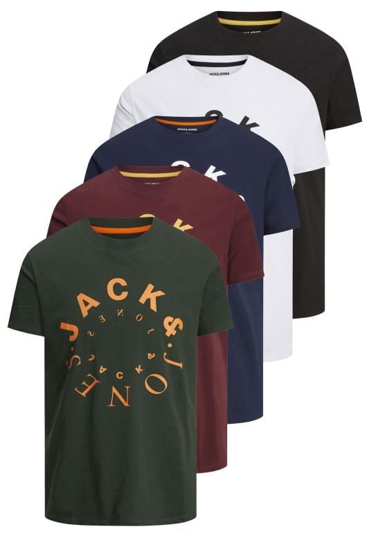 JACK & JONES Big & Tall 5 PACK White & Green Logo Printed T-Shirts | BadRhino 1