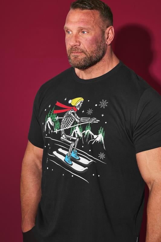 BadRhino Big & Tall Black Skiing Skeleton Graphic Christmas T-Shirt | BadRhino 1