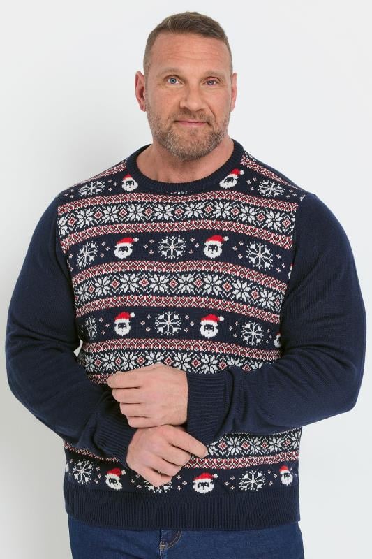 KAM Big & Tall Navy Blue Fairisle Santa Christmas Jumper | BadRhino 1