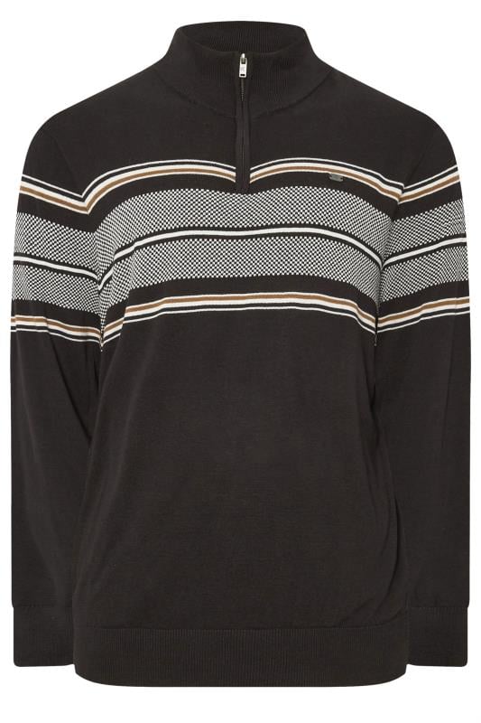 KAM Big & Tall Black Quarter Zip Stripe Knit Jumper | BadRhino 1