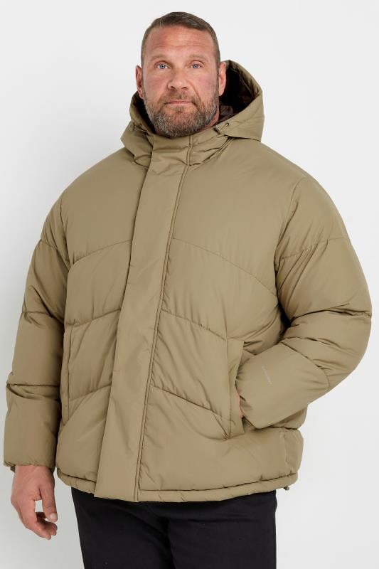 JACK & JONES Big & Tall Beige Brown Hooded Puffer Jacket | BadRhino 1