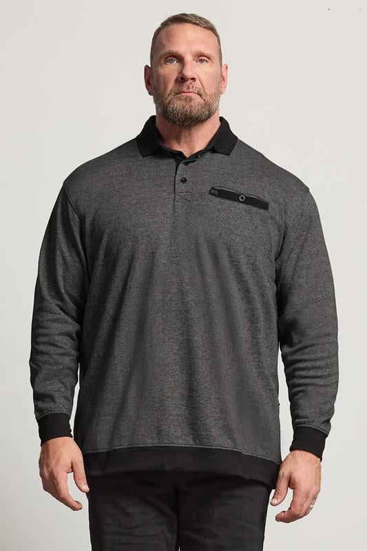Men's  KAM Big & Tall Grey Sweat Long Sleeve Polo Shirt