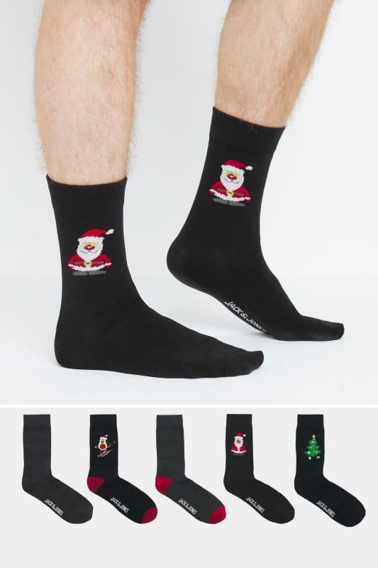 JACK & JONES 5 PACK Blue & Black Christmas Logo Socks | BadRhino 1