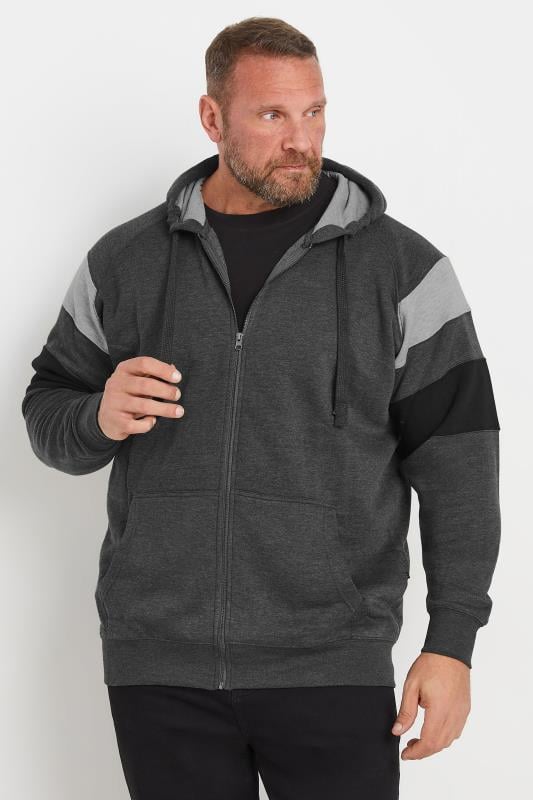 KAM Big & Tall Charcoal Zip Through Cut & Sew Panel Hoodie | BadRhino 1