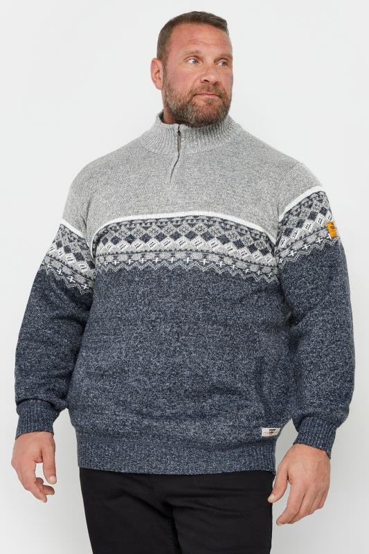 D555 Big & Tall Blue Quarter Zip Fairisle Knit Jumper | BadRhino 1