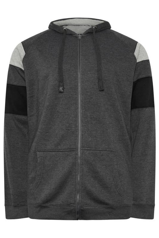 KAM Big & Tall Charcoal Zip Through Cut & Sew Panel Hoodie | BadRhino 1