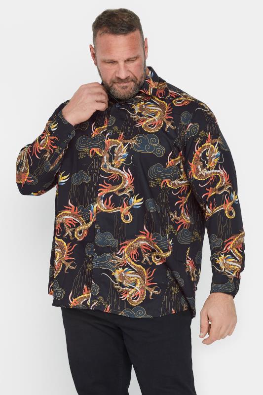 KAM Big & Tall Black Long Sleeve Dragon Print Shirt | BadRhino 1