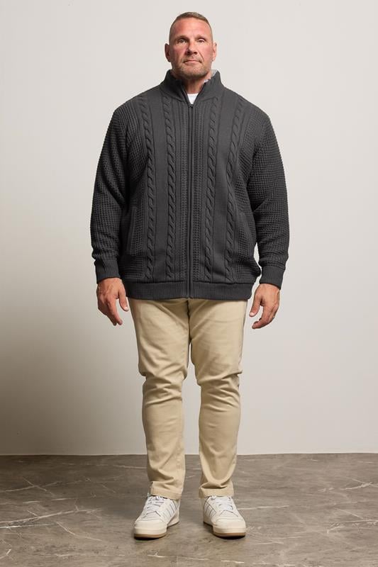 BadRhino Big & Tall Charcoal Grey Sherpa Lined Zip Through Cable Jumper | BadRhino 2