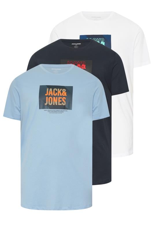 JACK & JONES Big & Tall 3 PACK Blue Branded Logo Print T-Shirts | BadRhino 1