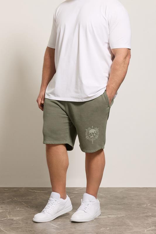  BadRhino Big & Tall Khaki Green Skull Printed Jogger Shorts