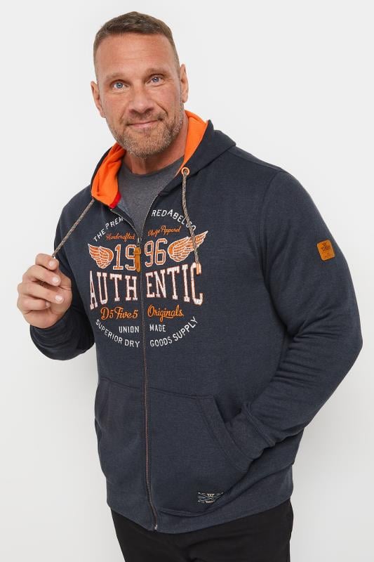 Men's  D555 Big & Tall Charcoal Grey 'Authentic' Slogan Zip Through Hoodie