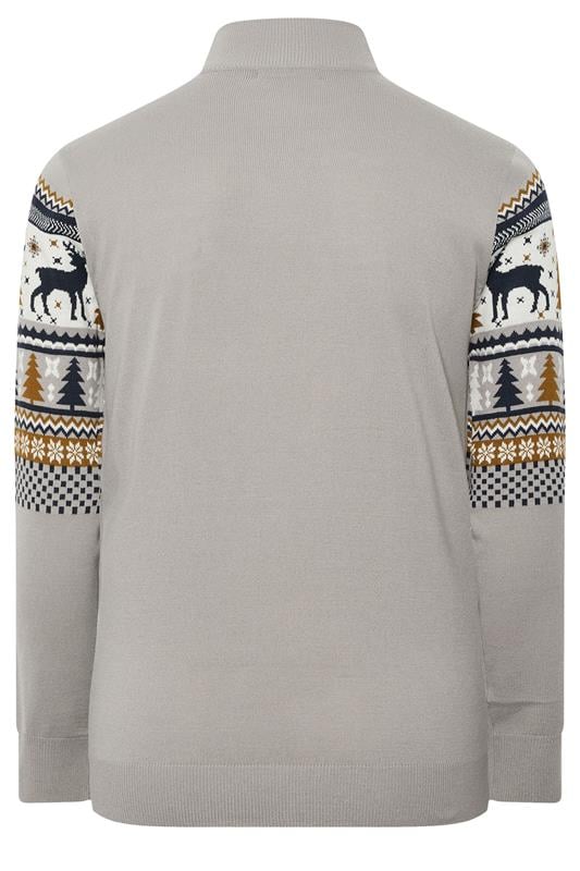 BadRhino Big & Tall Grey Fairisle Deer Quarter Zip Knitted Jumper | BadRhino 2