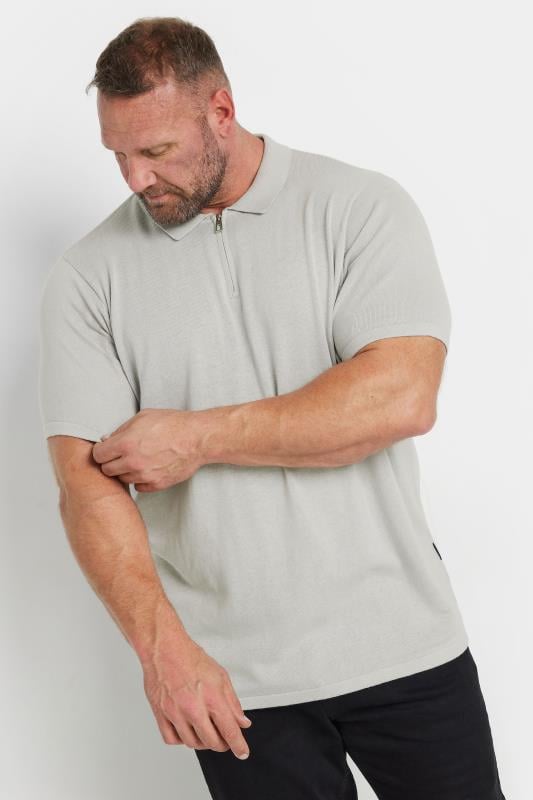 BadRhino Big & Tall Grey Knitted Short Sleeve Zip Polo Shirt | BadRhino 1