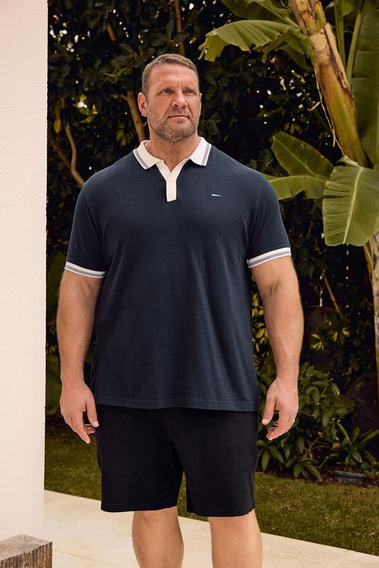  BadRhino Big & Tall Navy Blue Mini Check Tipped Polo Shirt