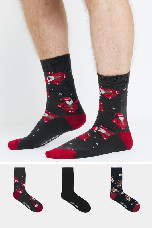 Men's  JACK & JONES 3 PACK Blue & Black Christmas Santa Socks