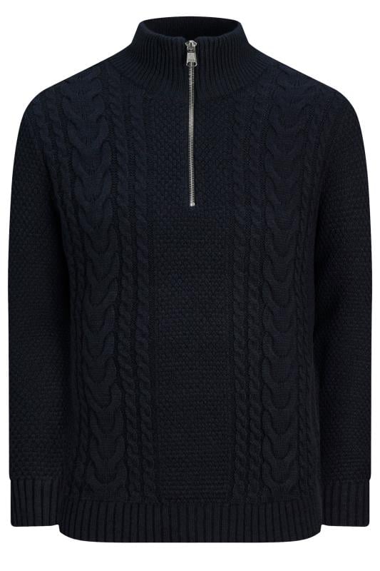 JACK & JONES Big & Tall Navy Blue Half Zip Cable Knit Jumper | BadRhino 1