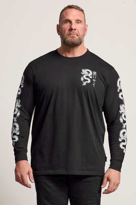 Men's  BadRhino Big & Tall Black Extra Long Dragon Graphic Long Sleeve T-shirt