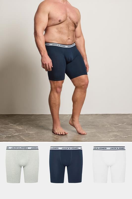 Men's  JACK & JONES Big & Tall 3 Pack White/Grey/Navy Blue Boxers