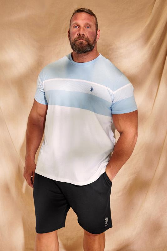 U.S. POLO ASSN. Big & Tall Blue & White Colour Block Stripe T-Shirt | BadRhino 1