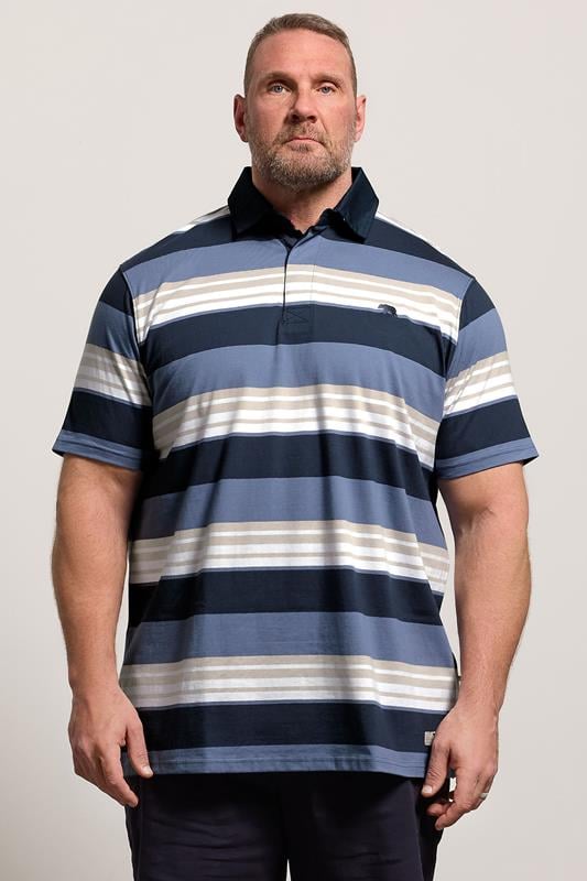  D555 Big & Tall Navy Blue Stripe Rugby Polo Shirt