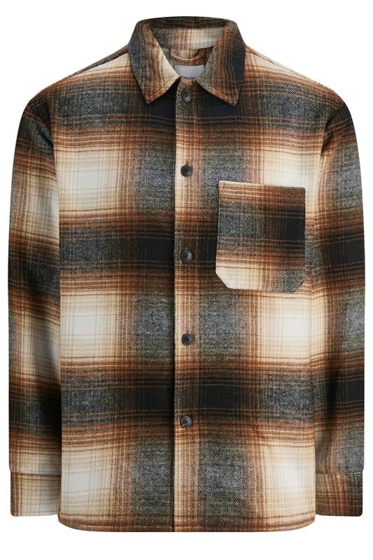 JACK & JONES Big & Tall Brown Check Overshirt | BadRhino 1