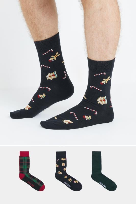 JACK & JONES 3 PACK Blue & Green Christmas & Tartan Print Socks | BadRhino 1