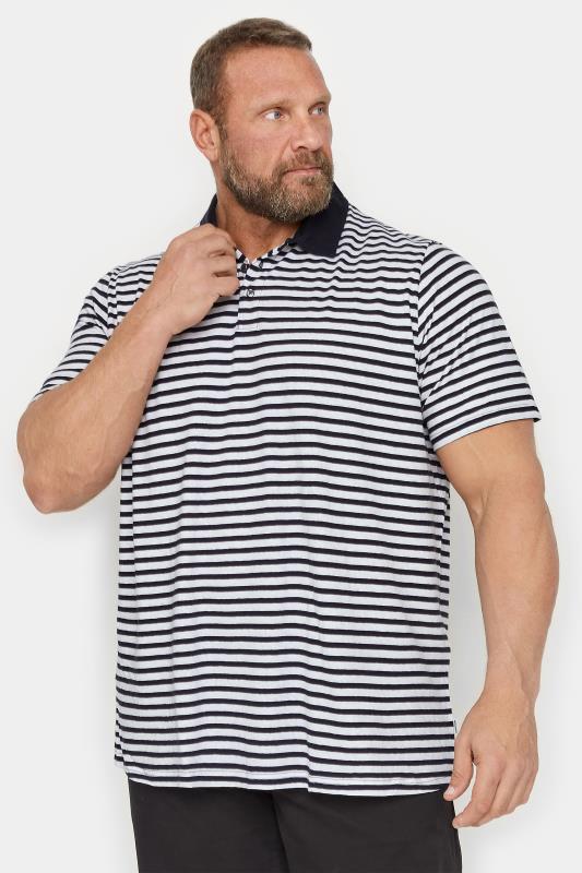 JACK & JONES Big & Tall Navy Blue & White Striped Linen Polo Shirt | BadRhino 1