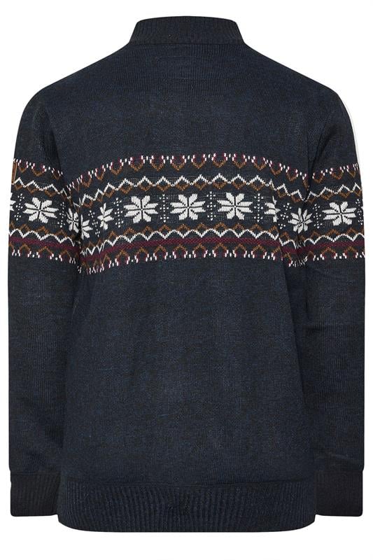 D555 Big & Tall Navy Blue Fairisle Quater Zip Knitted Jumper | BadRhino 2