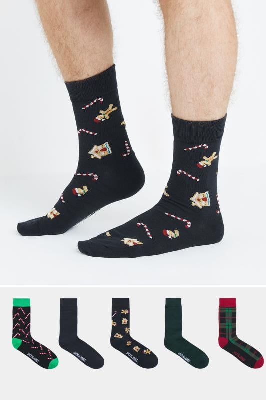 JACK & JONES 5 PACK Blue & Green Christmas Printed Socks | BadRhino 1